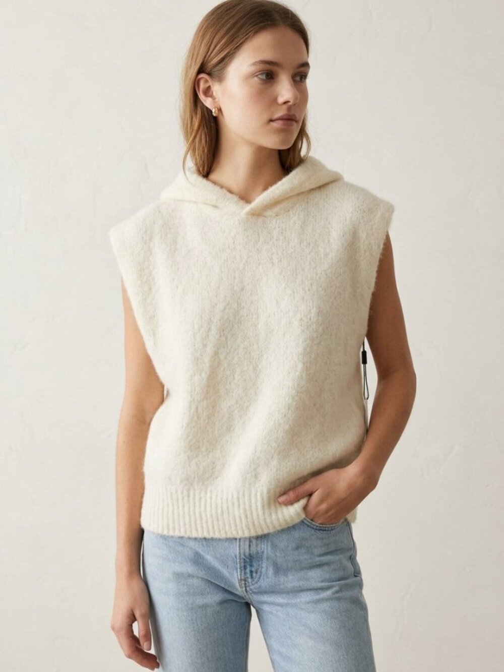 Elan Hooded Fuzzy Knit Sweater Vest Cream Wool Blend Oversized NWT | Size XS
